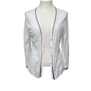 Escada White Virgin Wool Button Front Sheer Trim Cardigan Sweater Size Medium